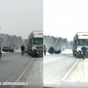 «Приору» на трассе под Канском ударило об ограждения и вынесло под КАМАЗ